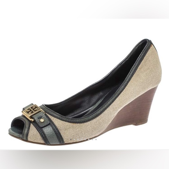 Tory Burch Ambrose 65mm Tory Burch Beige Canvas And navy Leather Trim Wedge 9.5 - Picture 4 of 7